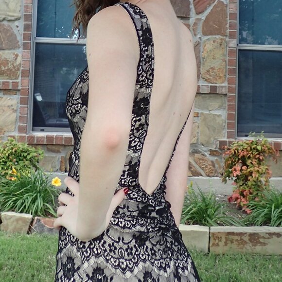 Black Lace Floor Length Low Back Gown - Picture 3 of 9